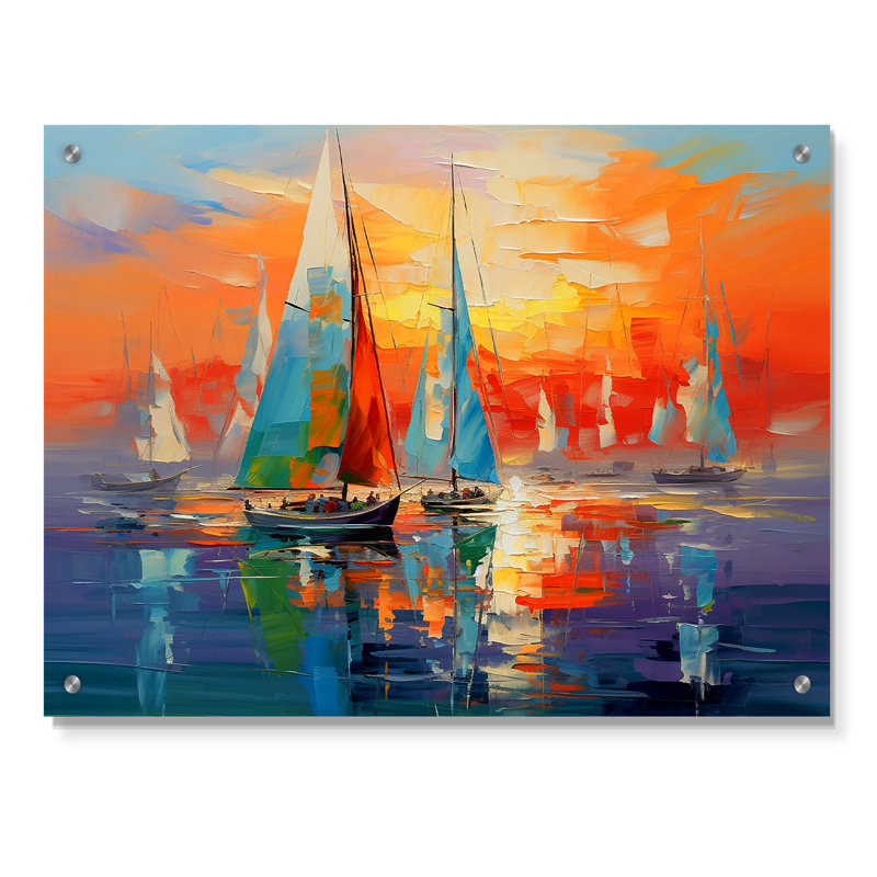 Voilier abstrait côtier symphonie II - Bateau à voile, décoration murale acrylique, H 24 po x l 32 po