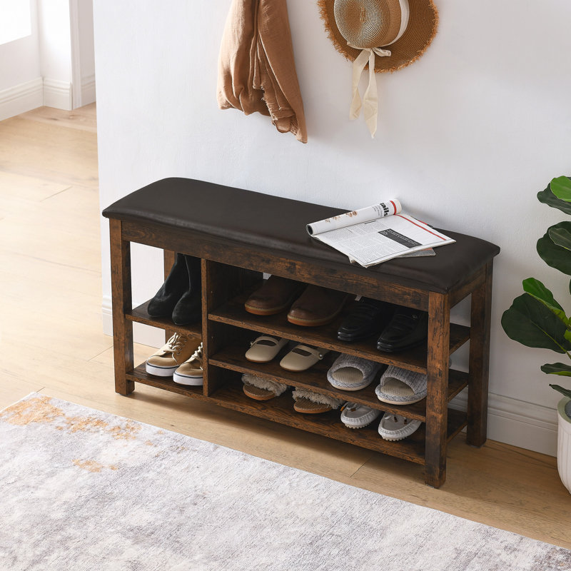 A Height-Adjustable Long Shoe-Changing Bench,Made Of Natural Rubberwood,Comes With A Comfortable Seat,Concealed Storage Space And Large Storage Compartments, Featuring Charcoal-Grained Wood