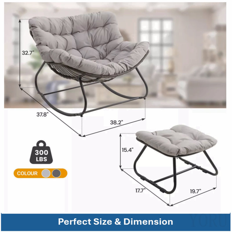 Fauteuil à bascule gris clair avec repose-pieds, fauteuil en osier résistant aux intempéries et coussins