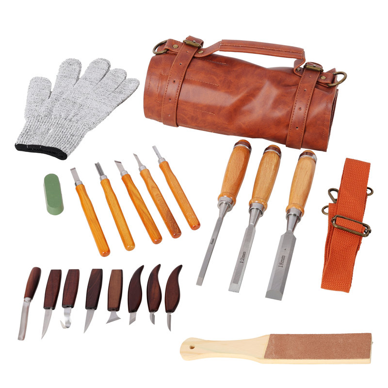 Ensemble de 20 outils de sculpture sur bois avec sac de rangement enroulable en cuir PU, couteaux à sculpter, ciseaux à bois et accessoires d'affûtage pour débutants et amateurs.