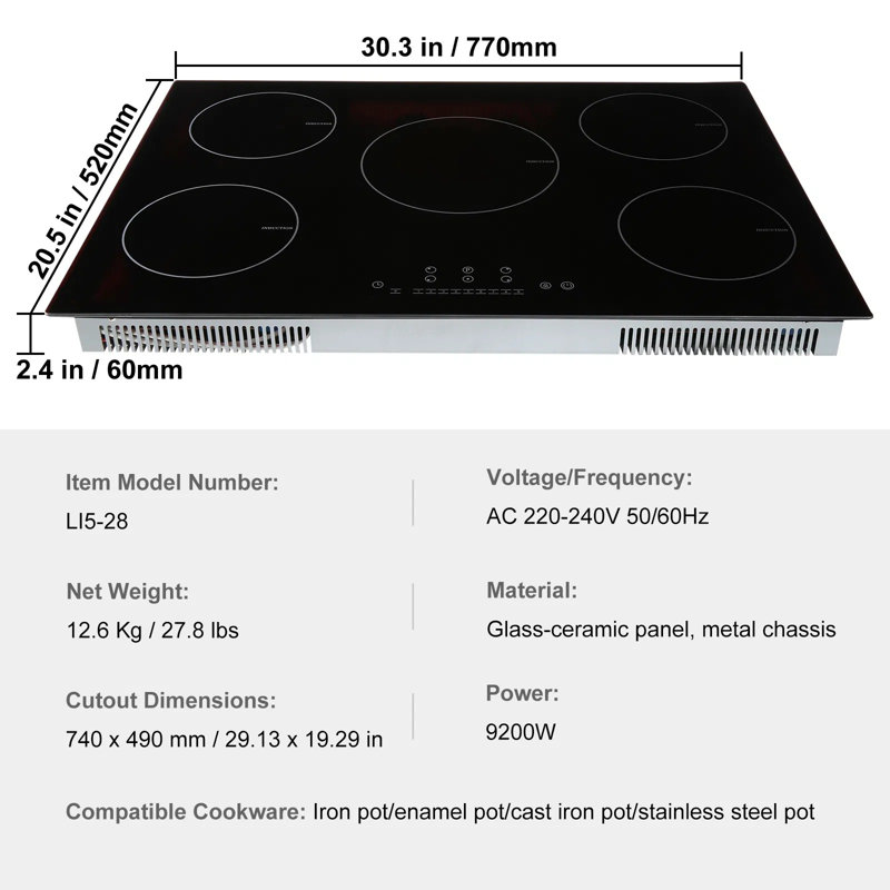 Surface de cuisson à induction, 30 po, 5 brûleurs, surface de cuisson magnétique intégrée de 9 200 W, écran tactile DEL, 9 niveaux de chauffage, 220 à 240 V