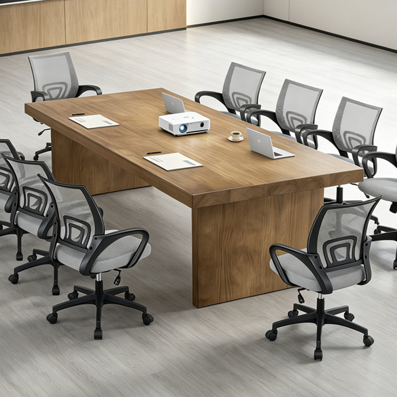 Ensemble de table de conférence 9 pièces en bois massif, table de réunion rectangulaire entièrement en bois massif avec 8 chaises de bureau ergonomiques en filet respirant