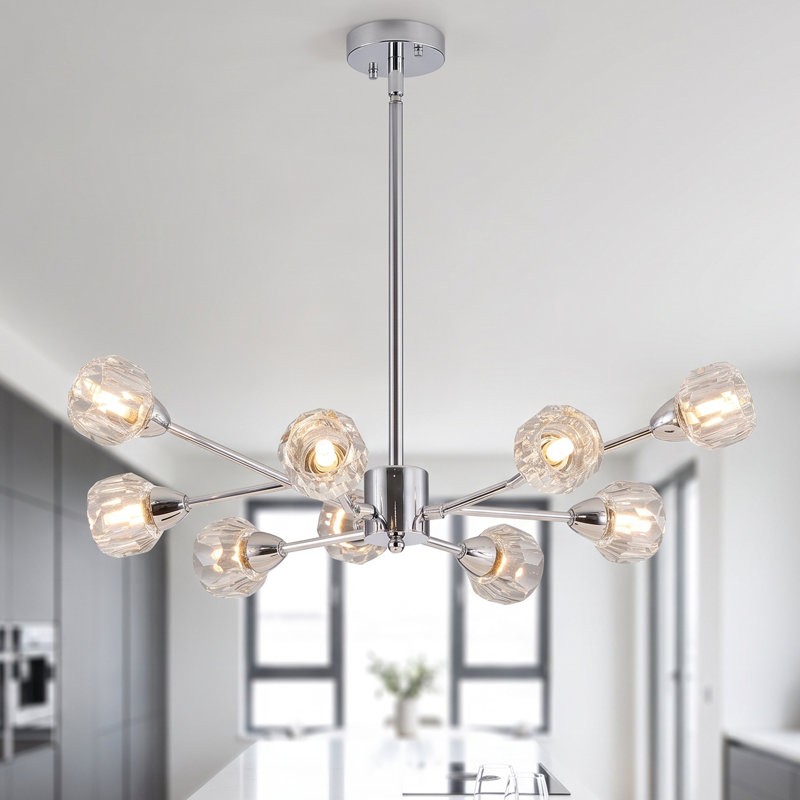 Lustre Sputnik en cristal chromé poli à 9 lumières, 71 cm (28 po), suspension moderne en laiton., Chrome chrome