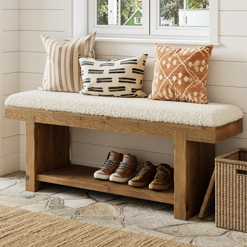 47.2"  Solid Wood Bench with Upholstered Cushion, Farmhouse Bench for Entryway, End of Bed, Hallway