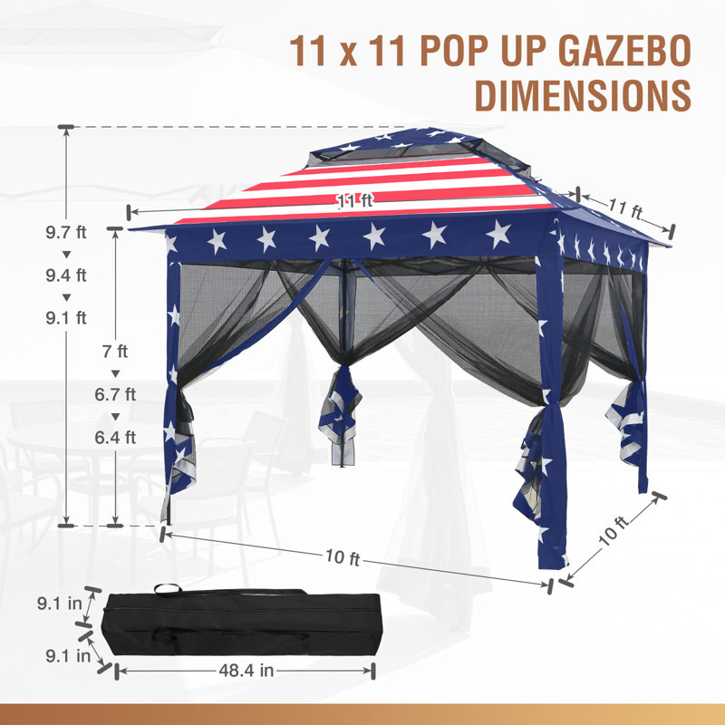 11 pi. L 11 pi. X P 11 pi. D Pavillon de jardin portatif avec filet de fermeture à glissière amovible, Drapeau américain