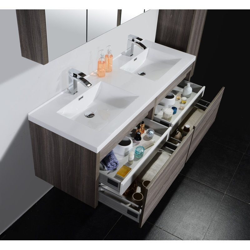 Ensemble de meuble-lavabo double mural 60 "avec miroir Hampden, Gris érable
