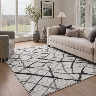 Tapis géométrique ivoire / gris lavable à la machine avec envers antidérapant