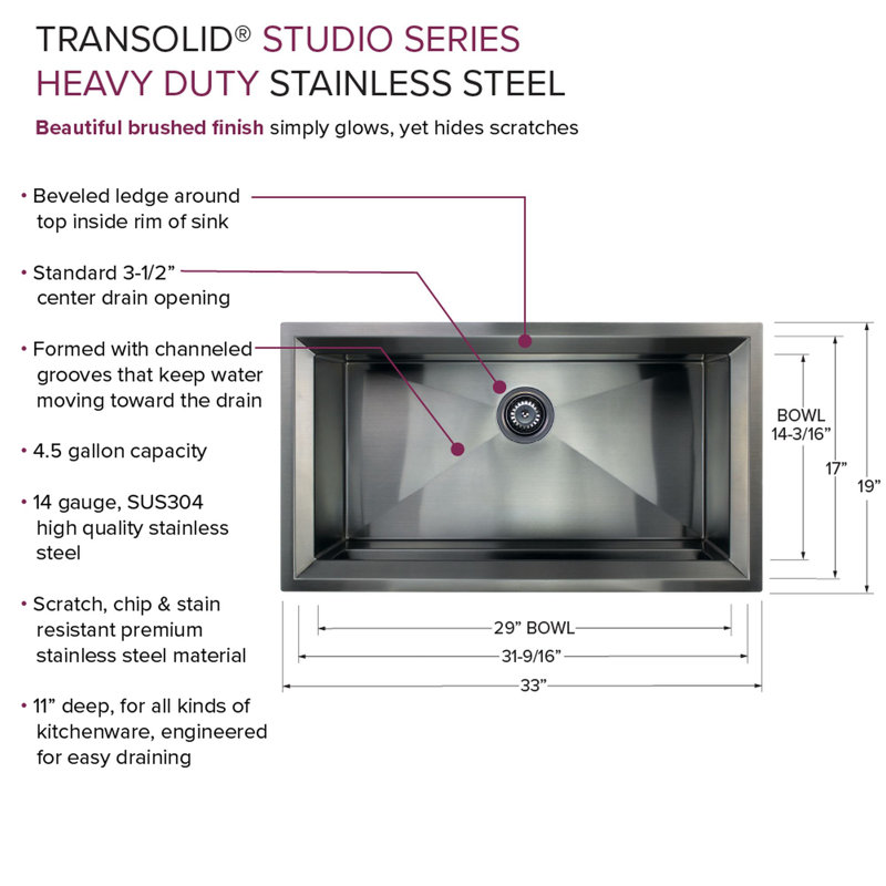 Transolid Studio 33-in x 19-in x 11-in Undermount Stainless Kitchen Sink, SinkPocket, Grid, Strainer, Black