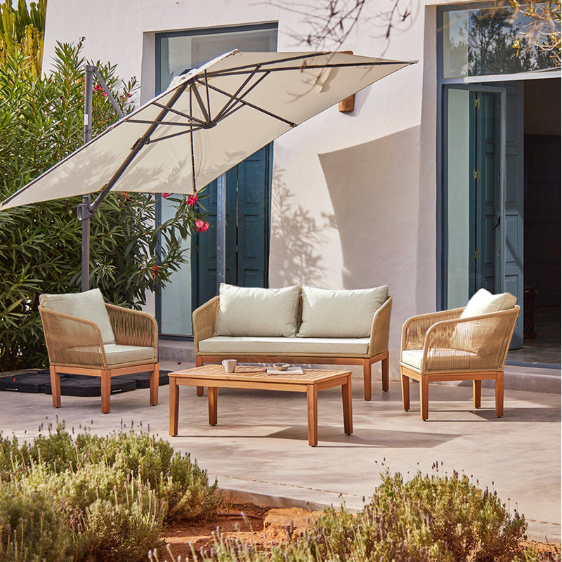 Alzamora Rope Garden Conversation Set with Grey LED Premium Cantilever Parasol - Black, Natural, Cream