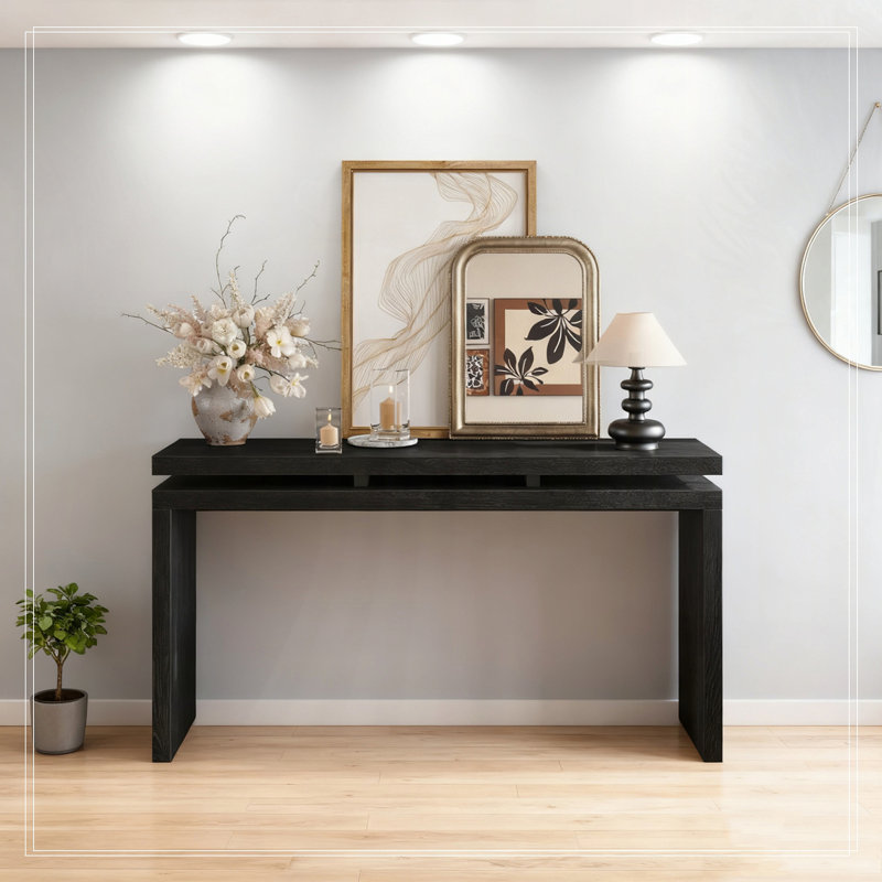60''Console Table with Double Board Suspension Design, Solid Wood & MDF, Black