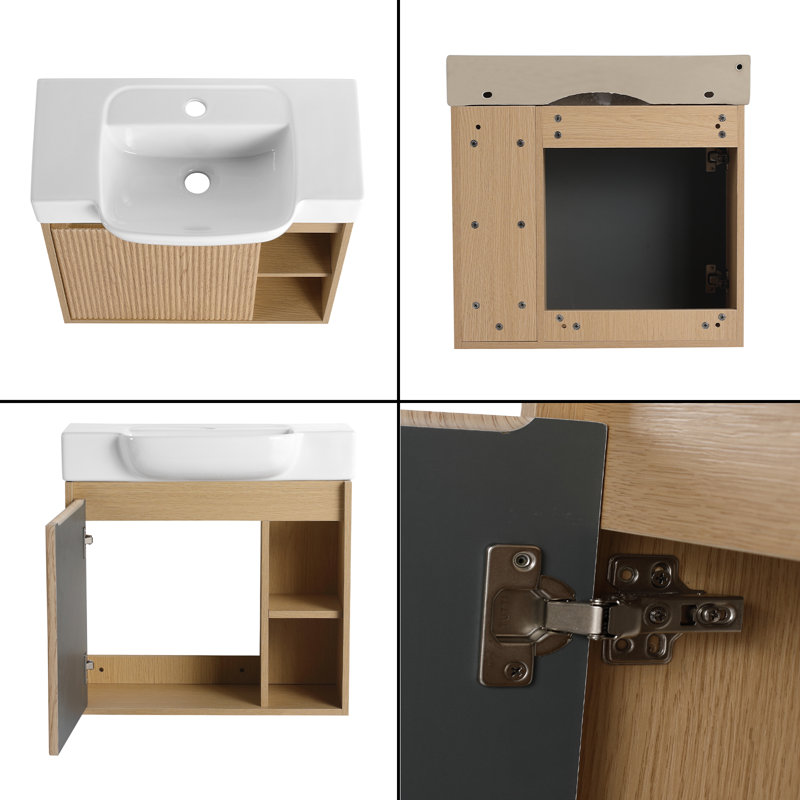 Meuble-lavabo simple Marnar 24 po avec comptoir en céramique, meuble-lavabo mural avec lavabo en céramique, Light Oak, 24"
