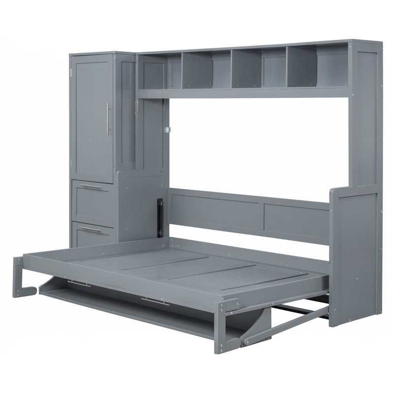 Lit escamotable Murphy avec placard et tiroirs, gris, Double