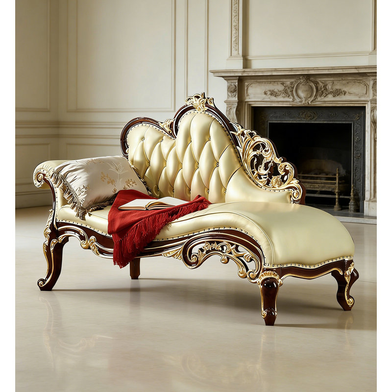 Chaise longue de style européen en bois massif sculpté et en cuir, pour chambre et salon, Face à la gauche