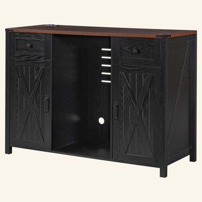 Armoire frigorifique Farmhouse avec prise de courant, armoire à café avec espace de rangement, mini armoire à vin avec 2 portes et 2 tiroirs, buffet cannelé pour salon, cuisine