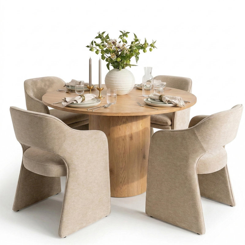 4 - Person Dining Table Sets With Round Table & 4 Upholstered Chenille Chairs, Brie, Yellow