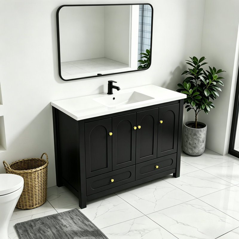 Meuble-lavabo noir 48 po avec lavabo en résine, portes et tiroirs à fermeture en douceur 48 po
