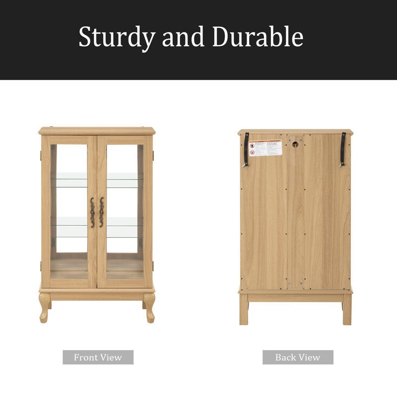 2 Doors Curio Cabinet With Tempered Glass Doors, Curio Cabinets With Mirrored Back Panel And Adjustable Shelves, Lighted Display Cabinet For Home, Office Light Bulb Included