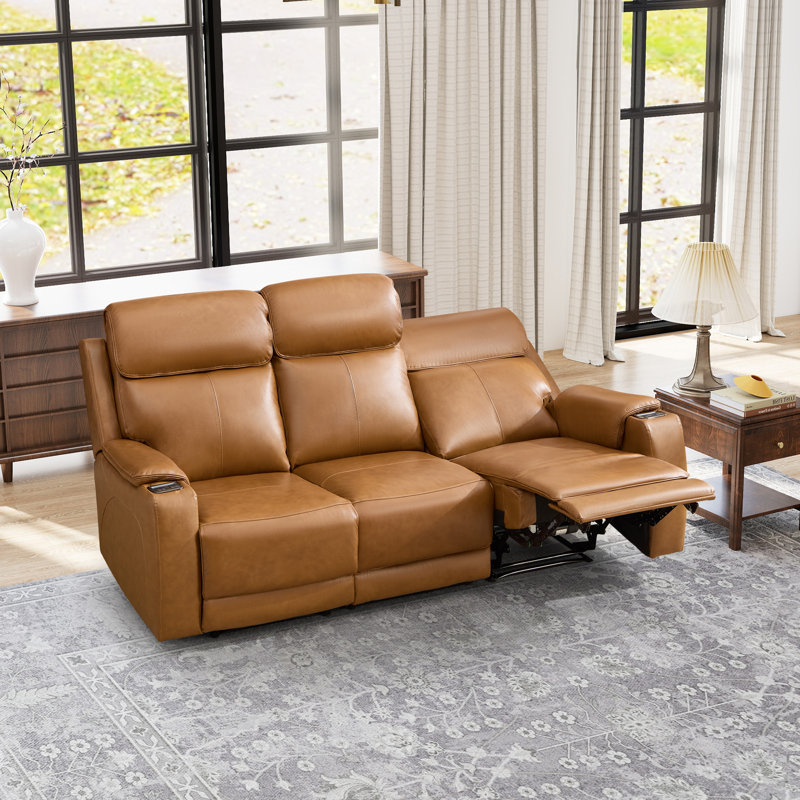 81.09" W Top Genuine Leather Power Reclining Sofa With Adjustable Headrest, USB & Wireless Charging, Caramel Brown