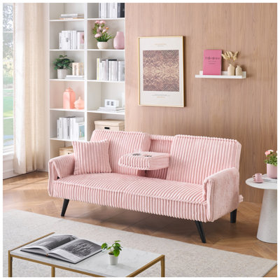 Minimalist Pink Corduroy Sofa with Retractable Cup Holder - Comfortable Modern Living Room & Bedroom Couch, Easy Assemble Small Space Furniture