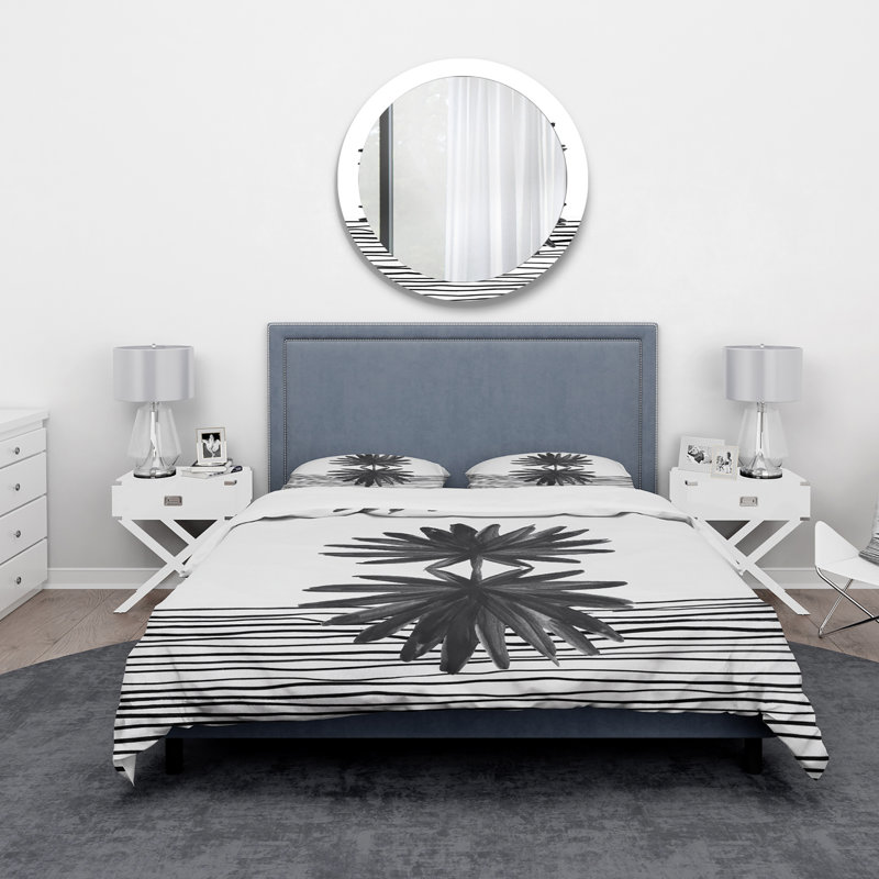Ensemble de housse de couette moderne noir et blanc à motif de feuilles tropicales rayées II - microfibre de polyester