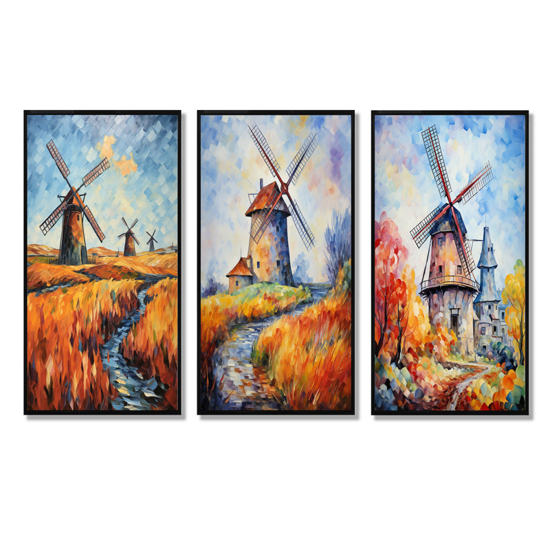 Fauvist Windmill Meadows I - Ensemble de 3 décorations murales d'éoliennes, H 28 po x l 36 po, Cadre flottant noir