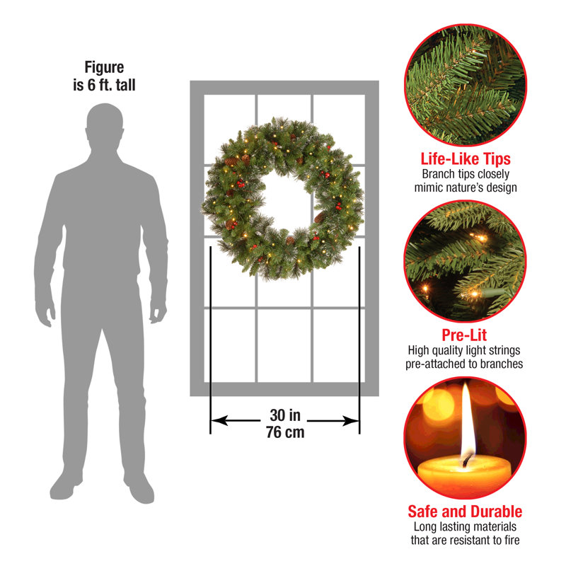 30'' Green Pre-Lit Artificial Christmas Wreath with Pine Cones and Berries