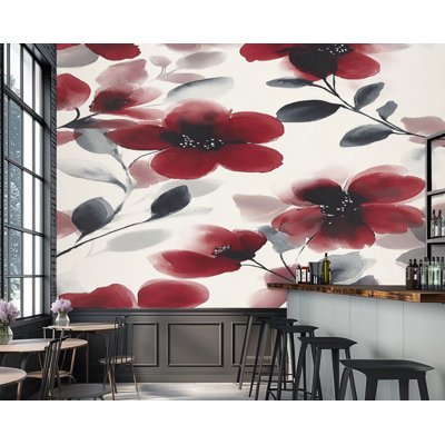Peel and Stick Wallpaper Red Gray Floral Watercolor Leaves Abstract Wall Murals 69"H x 96"W Removable PVC Wall Paper Self-Adhesive Wall Decor for Bedroom Living Room Home Office