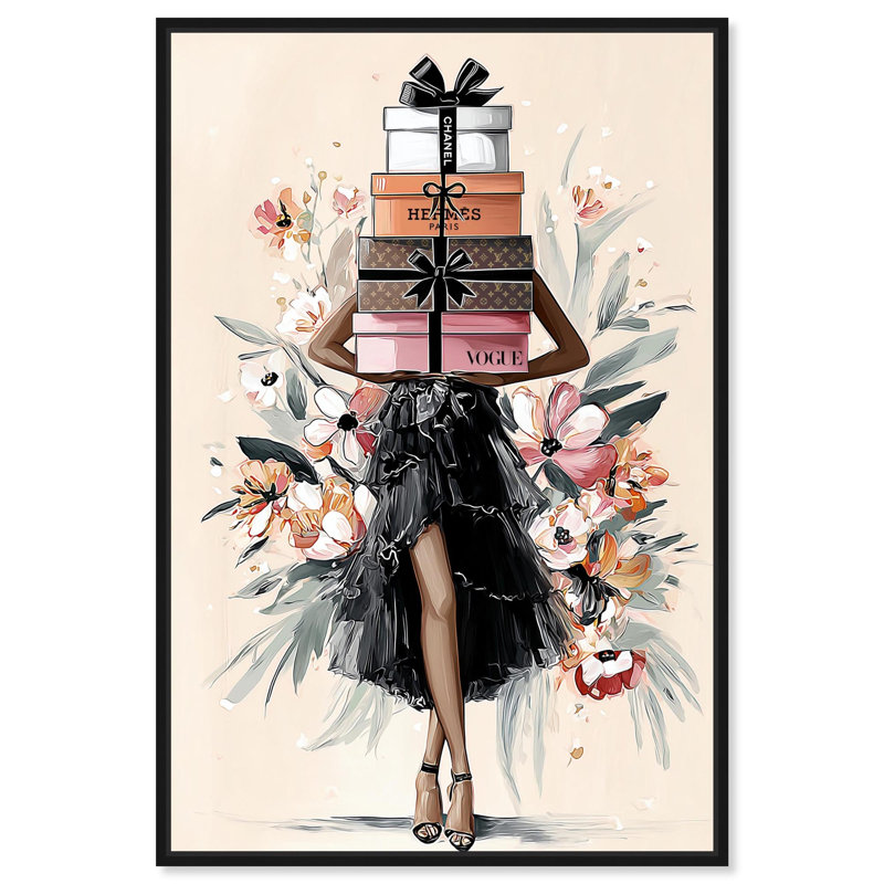 «Her Blossoming Gift Stack», reproduction d'art sur toile par Art Remedy, cadre noir, 30 x 45, H 46 po x l 31 po