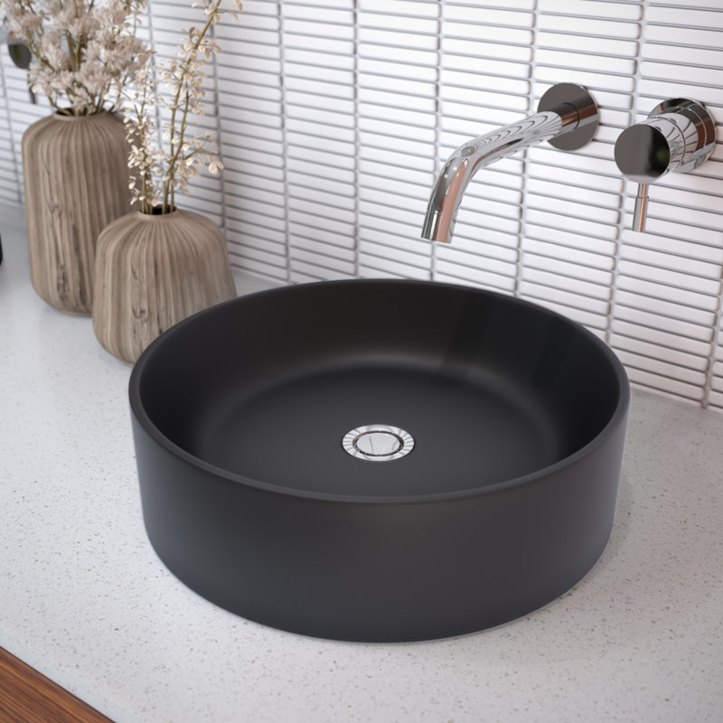 Tucana Bench Mount Ceramic Round Vessel Bathroom Sink, Matte Black