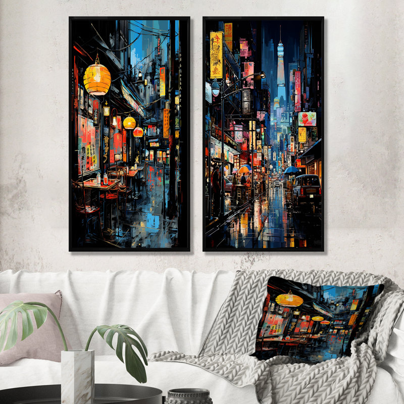Japon, art de rue Alleyway II - ensemble de 2 impressions sur toile japonaises, Cadre flottant noir, H 28 po x l 25 po