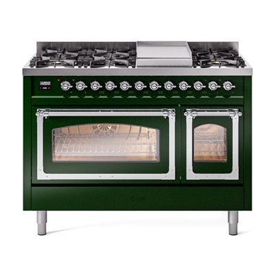 ILVE Nostalgie II Series Noblesse 48 inch Dual Fuel Range with 8 Sealed Burners, Griddle (Glass Door)