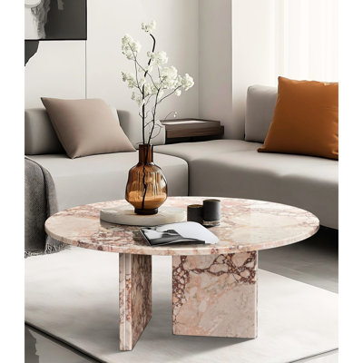 Table basse ronde en marbre naturel rose naturel, hauteur de 12,6 po, centre de table de salon luxueux, surface polie, assemblage sans tracas, hauteur de décor unique, objet unique
