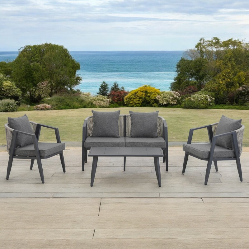 Ensemble de conversation de terrasse avec canapé et coussins 4 pièces, Gris, Noir