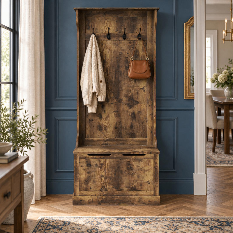 Portemanteau relevable traditionnel avec siège et quatre crochets doubles pour halls d'entrée et couloirs, Rustic Brown