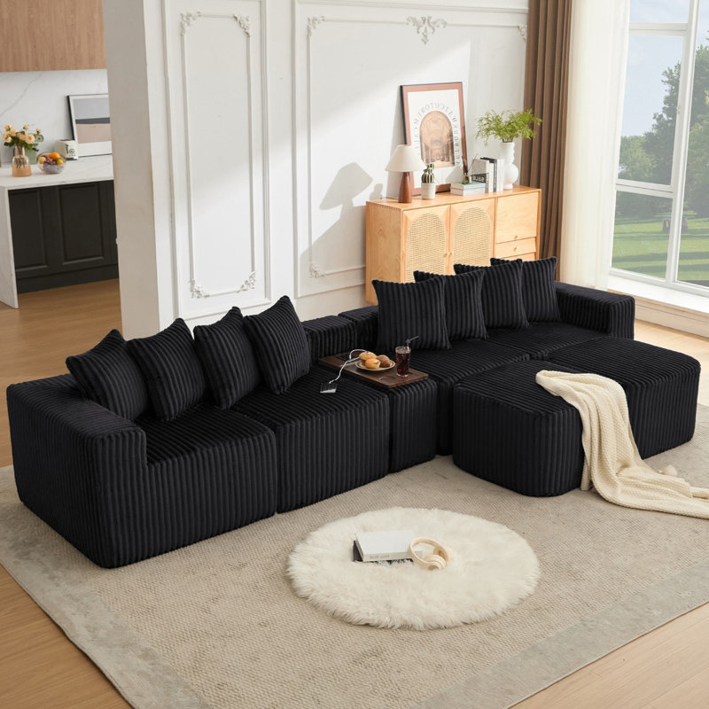 Canapé modulaire en U 137,5 po, Velours côtelé noir