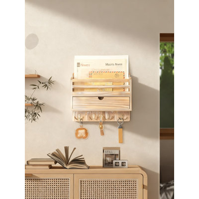 Porte-courrier mural et porte-clés avec tiroir de rangement, organisateur de hall d'entrée en bois avec 7 crochets pour clés, courrier et petits objets, décoration élégante pour la maison et le bureau