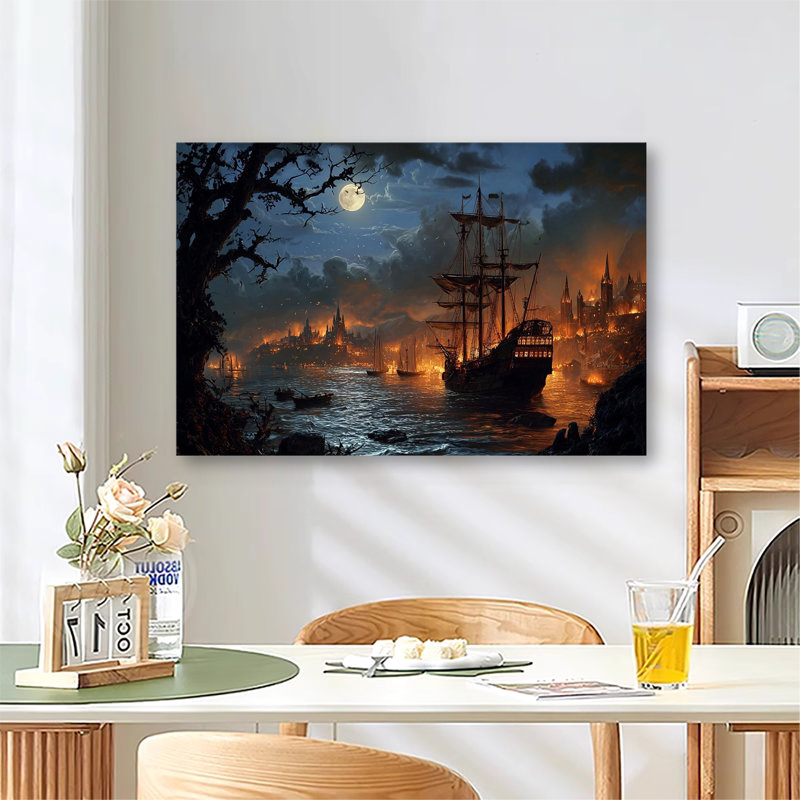 Illustration de voilier nautique effrayant de bateau de fantôme, grande impression sur toile tendue pour salon, 24 po x 32 po