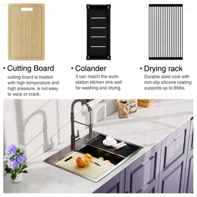 27 Inch Topmount Worksation Kitchen Sink 18 Gauge Stainless Steel Single Bowl Sink With Faucet