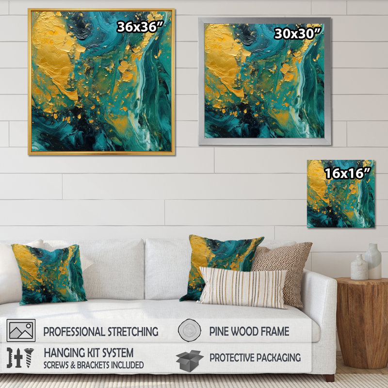 «Golden Sunset over Teal Ocean», reproduction d'art sur toile, H 36 po x l 36 po x P 1,5 po, Cadre simple noir