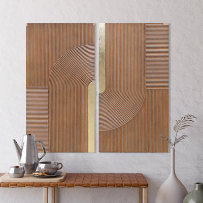 3D Carved Arched Geometric Wood Wall Art Set of 2 – Dimensional Ridged Panel Decor with Brass Inlay Accent, Modern Boho Living Room & Entryway Wall Decor