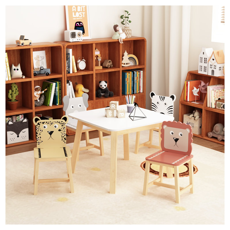 Ensemble de table et de chaises pour enfants 5 pièces, centre d'activité en bois massif blanc avec 4 chaises