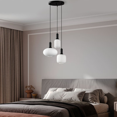 Modern Black Chandelier, Metal Body, 21.7 x 21.7 x 51.2 inches | Features Ø11.8 x 6.7 inches Left Cap, Ø5.1 x 7.9 inches Middle Cap, Ø7.9 x 7.9 inches Right Cap | 3 x E27 Sockets (Max 40W) | Stylish Lighting for Dining & Living Rooms, IP20 Rated