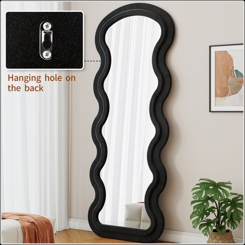 Flannel Full Length Wavy Floor Mirror For Bedroom And Living Room, Hanging Or Freestanding With Durable Wooden Frame, Black