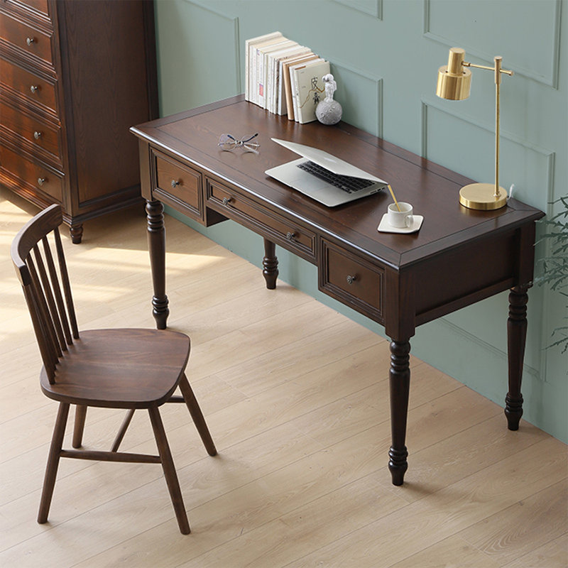 Bureau rectangulaire à 3 tiroirs en bois massif brun noisette
