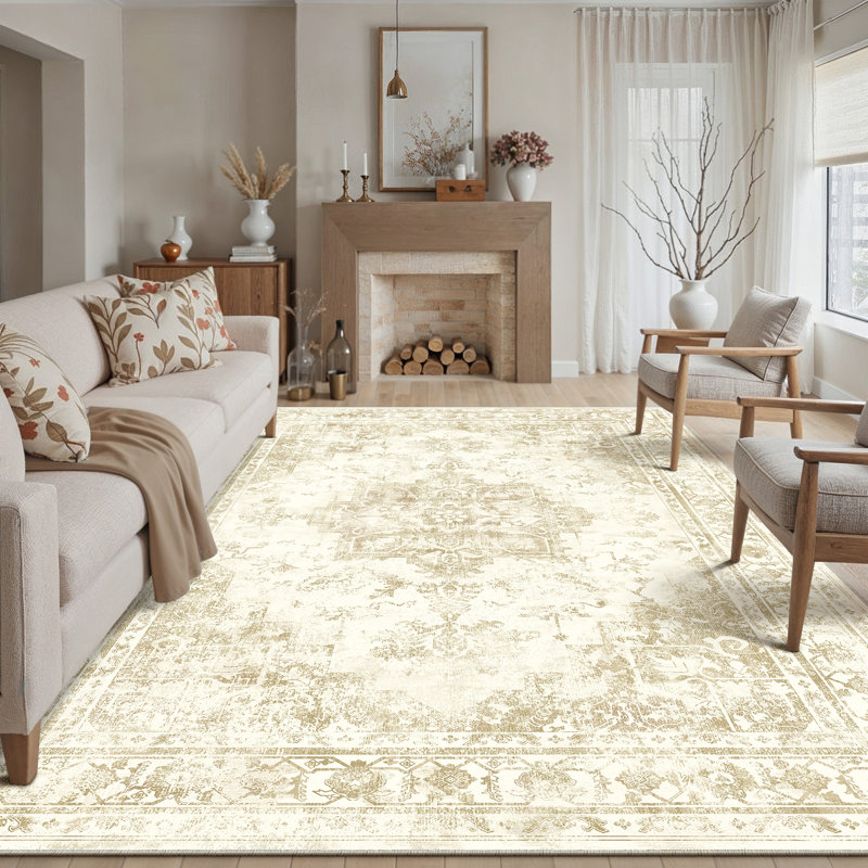 Marnia Machine Washable Oriental Beige Area Rug, Rectangle 3' x 5', Beige