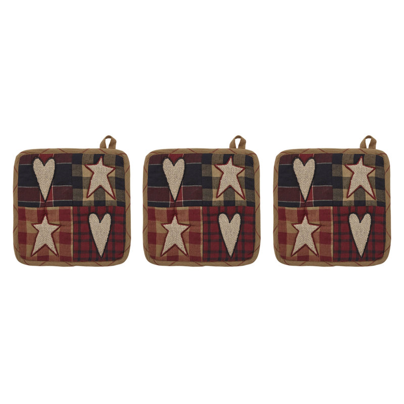 Connell Patchwork Burgundy and Tan Cotton Pot Holder Set