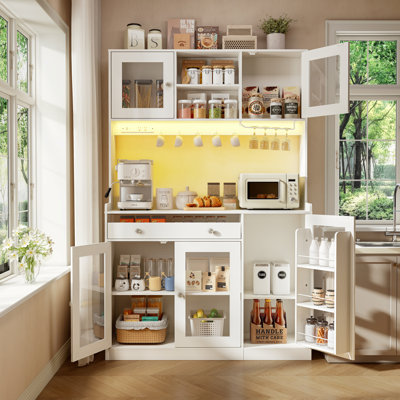 Kitchen Pantry Cabinet, Tall Kitchen Pantry Cabinet with Charging Station & LED Light
