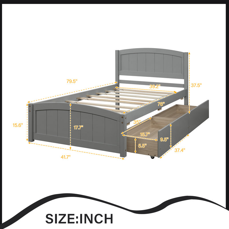 Lit plateforme simple avec deux tiroirs, Gris