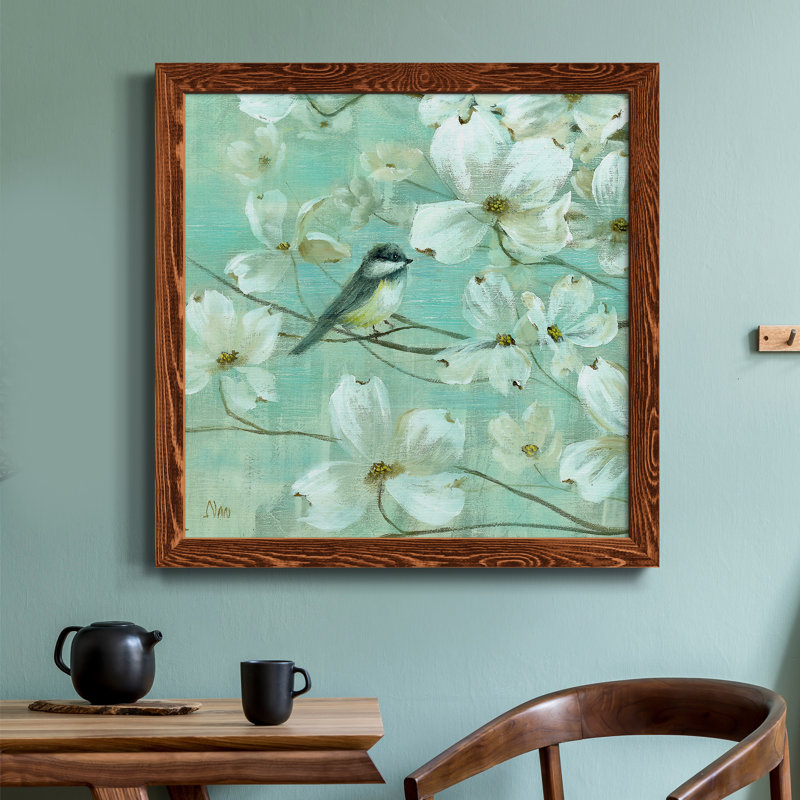 Mésanges et cornouiller - Détail I - Peinture sur toile encadrée, H 31,5 po x l 31,5 po x P 1,5 po, Cadre en érable