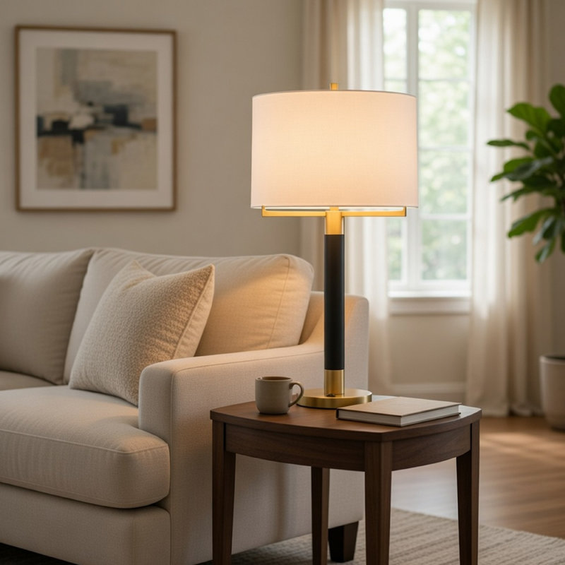 Lampe de table, abat-jour tambour blanc cassé, corps noir 28 po avec accent en laiton